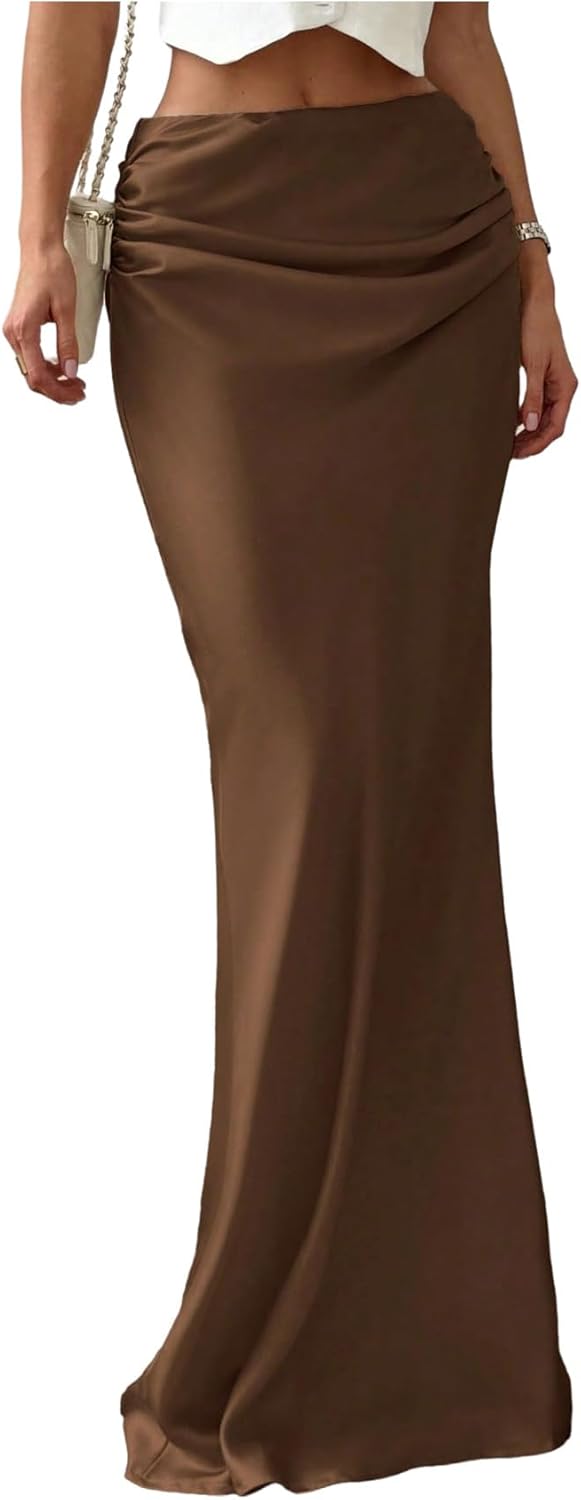 GORGLITTER Women's Long Satin Skirt Ruched Low Rise A Line Evening Party Elegant Office 2026 Spring Maxi Long Skirts
