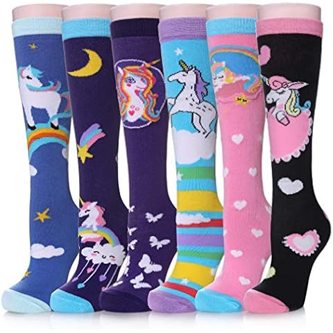MQELONG 3-12 Year Old Girls Knee High Socks Kids Cute Crazy Funny Animal Pattern Long Boot Socks 6 Pairs (Unicorn Socks 02) Cover