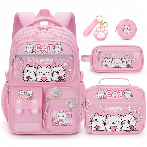 SZWNHS Cat Backpack for Girls 4 PCS Girls Backpack with Lunch Box Set Cute Kawaii Large Laptop Bookbag School Bag for Elementary Kids & Teens