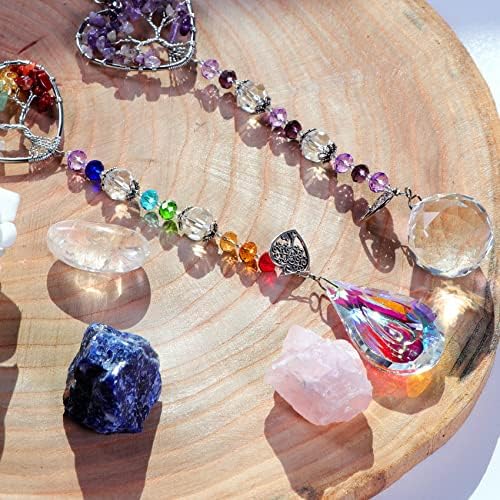 Set of 2 Crystal Rainbow Chakra Suncatcher for Window Indoor, Handmade Sun Catchers Hanging Ornaments Crystal Ball Prism, Heart-Shaped Tree of Life Pendant Decorations for Garden