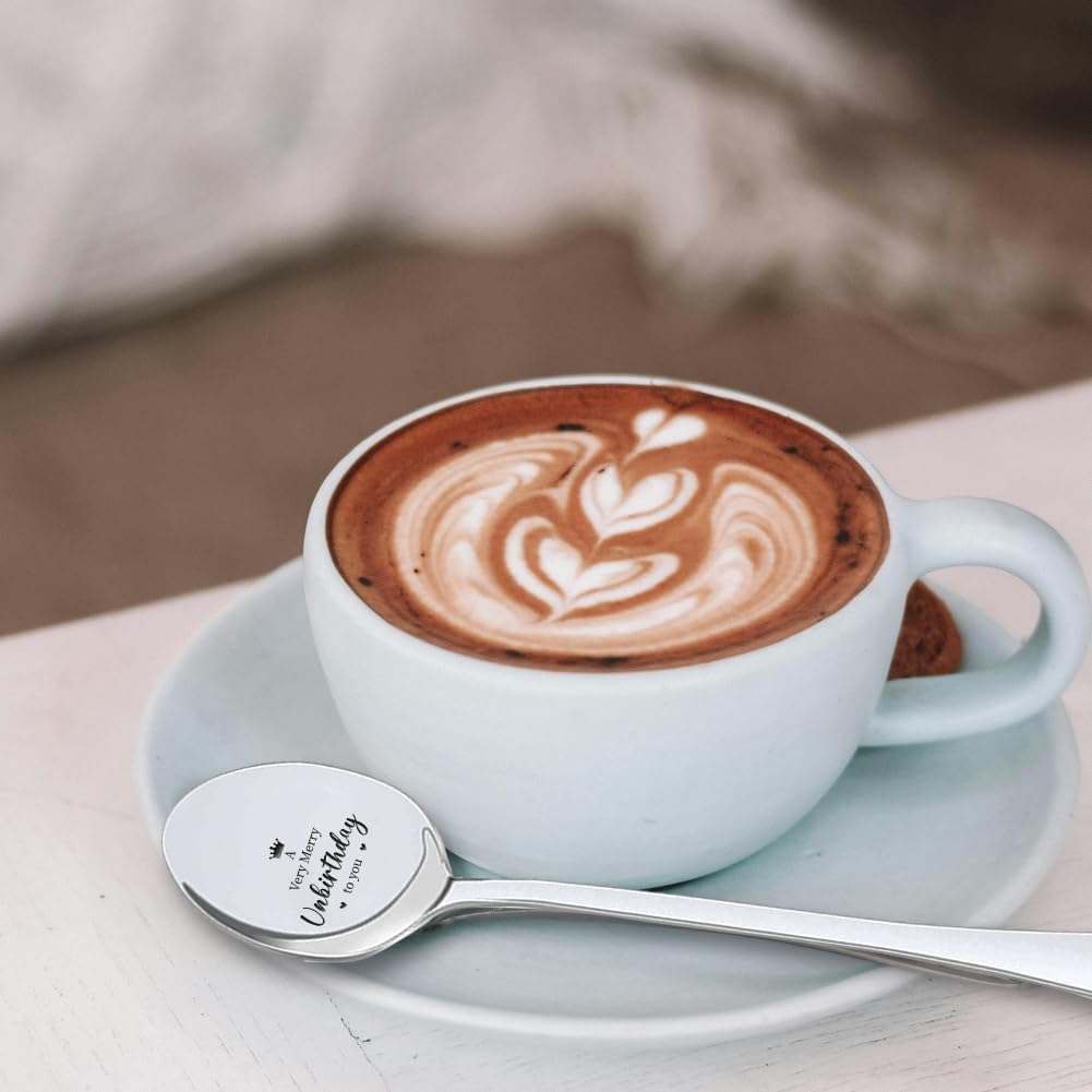 GLOBLELAND 7.6inch "A Very Merry Unbirthday to You" Engraved Stainless Steel Spoon with Gift Box Funny Table Dinner Spoon Soup Coffee Spoon for Friends Families Festival Christmas