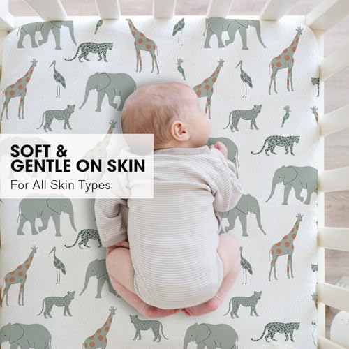 Image of Little Grape Land Crib Sheets 4 Pack for Boys and Girls, Baby Neutral Crib Fitted Sheets for Standard Crib & Toddler Mattress, Super Soft Breathable Fitted Crib Sheet Set, Leaves & Safari