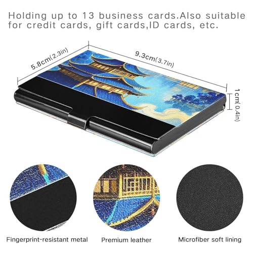KLL Blue and Gold Chinese Landscape Slim Business Card Holder case with Leather & Stainless Steel Card Holder case for Travel Home or Office Use tarjetero para Hombres3