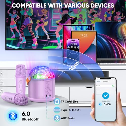 Image of Mini Karaoke Machine for Kids, Birthday Party Gifts Toys for Girls Ages 4 5 6 7 8 9 10 11 12+ Years Old, Karaoke Microphone with 2 Wireless Microphones, Portable Bluetooth Speaker with Disco LED Light