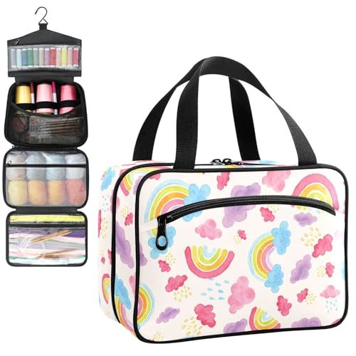 YNNALE Sewing Supply Organizer Bag, Rainbow Pattern Cute Colorful Portable Sewing Bags with Pockets&Hanger, Sewing Storage Box Case for Sew Supplies/Kit/Tools/Accessories (BAG ONLY)