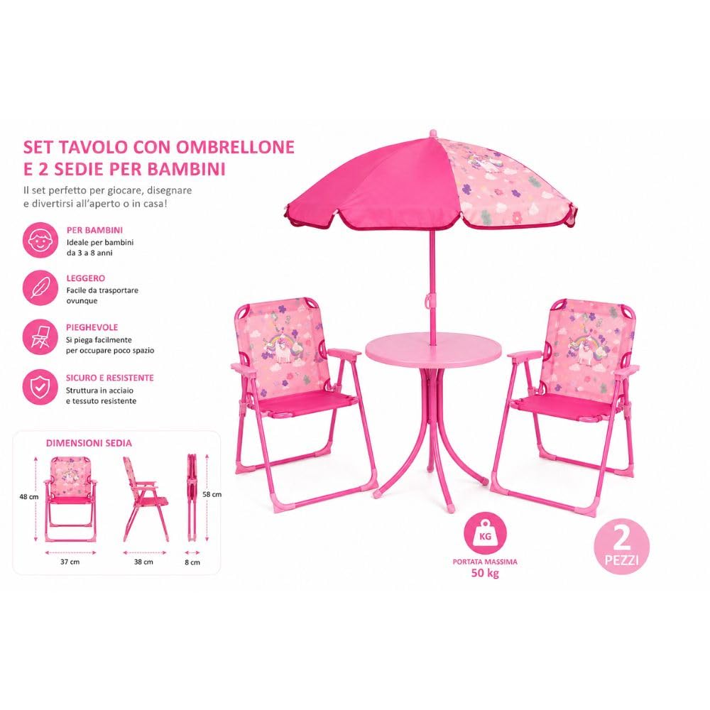 Set Bimbi 2 Sedie + Tavolo con Ombrellone – Pieghevole, Altezza Regolabile, Leggero e Portatile – Ideale per Giardino, Spiaggia e Casa (Rosa)