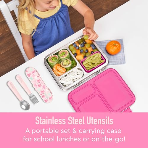 Image of Bentgo Kids Stainless Steel Utensil Set - Reusable Fork, Spoon & Storage Case, PFAS- & BPA-Free, Easy-Grip Handles, Lightweight, Dishwasher Safe, School Lunch, Travel & Outdoors (NEW Ballet and Bows)