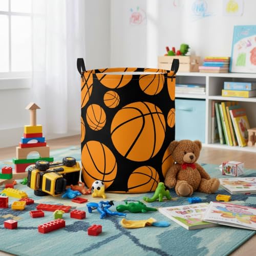 Image of Baby Laundry Basket Baby Nursery Hamper Kids Laundry Basket Toy Storage Bin for Boys Room Decor Gift Baskets for Bedroom Bathroom(Basketball)