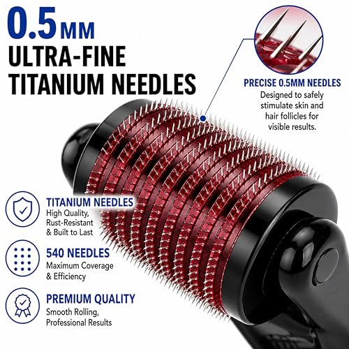 Image of Crescent Premium Derma Roller with 540 Titanium Micro Needles for Beard Regrowth| Hair Regrowth|facial Rejuvenation| Reducing Rrinkles and Stratch Marks| Size: 0.5 Mm|Men & Women| Black| Pack of 1