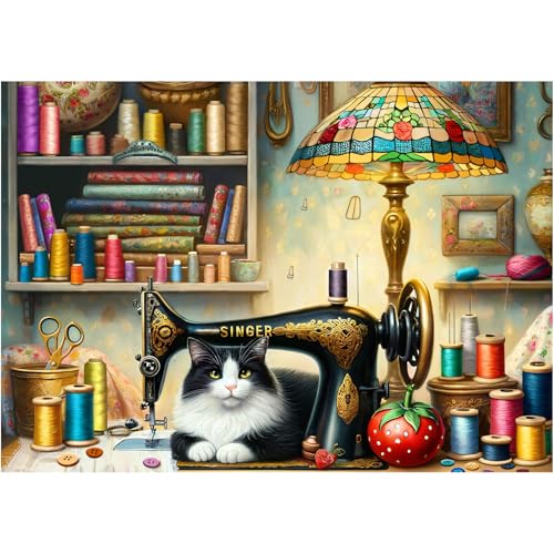 Rocorose 1000 Piece Puzzle for Adults, Sewing Room Cat Jigsaw Puzzle,...