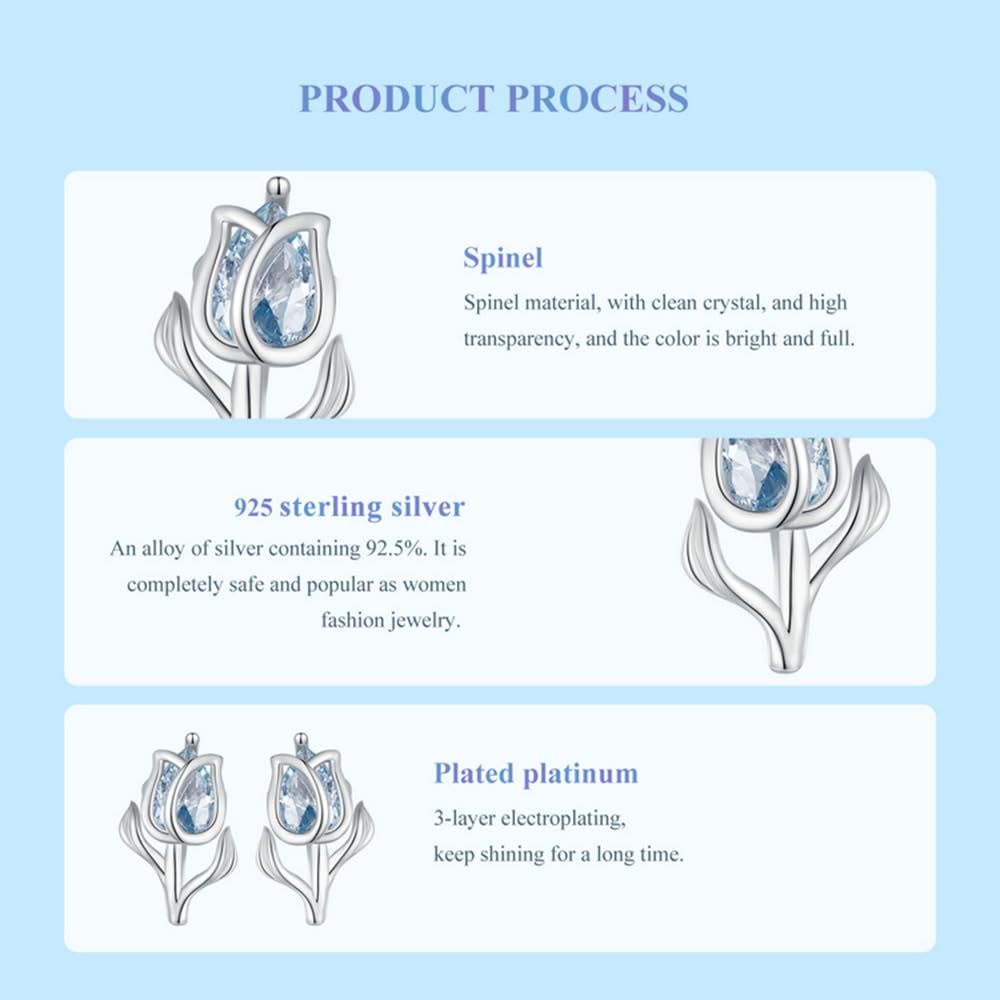WBDWWTD Sterlingsilber-Spinell-Blumen-Ohrringe für Damen, Blaue, Exquisite Spinell-Tulpen-Ohrringe, Blumen-Ohrstecker
