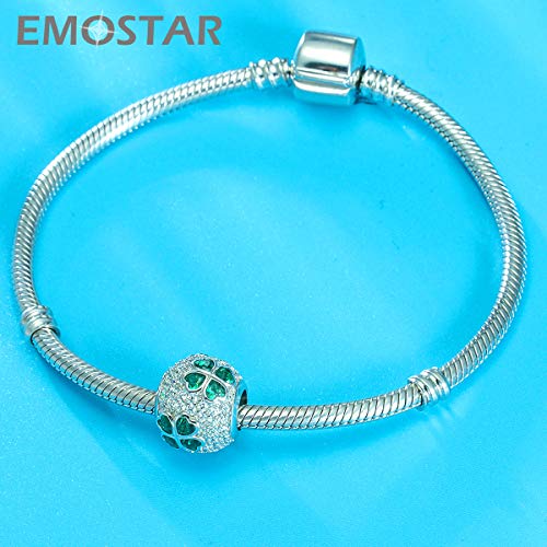 EMOSTAR Sparkling Dog Puppy Paw Print Charms, Four-Leaf Clover, and Green Leaves Charms fits Women Bracelet - Pave Clear Cubic Zirconia Beads in 925 Sterling Silver, Gifts for Christmas/Mom/Pet Lover2