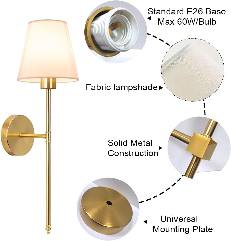 Image of Wall Sconces Sets of 2, Classic Brushed Brass Sconces Wall Lighting, Hardwired Bathroom Vanity Light Fixture with Fabric Shade for Bedroom Living Room Hallway Kitchen (Bulbs Included)(Warm light)
