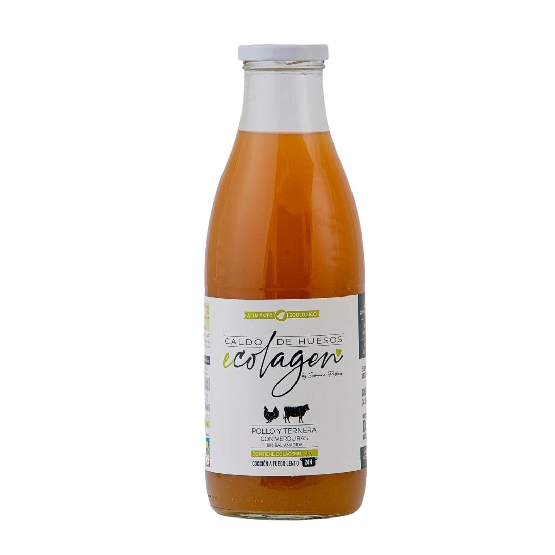 Pack de 6 Botellas (6x1 litro) de Caldo de Huesos Ecológico de Pollo y Ternera sin Sal | Ecolagen | 1 litro de Caldo de Huesos por Botella | Alto Contenido en Colágeno y Aminoácidos