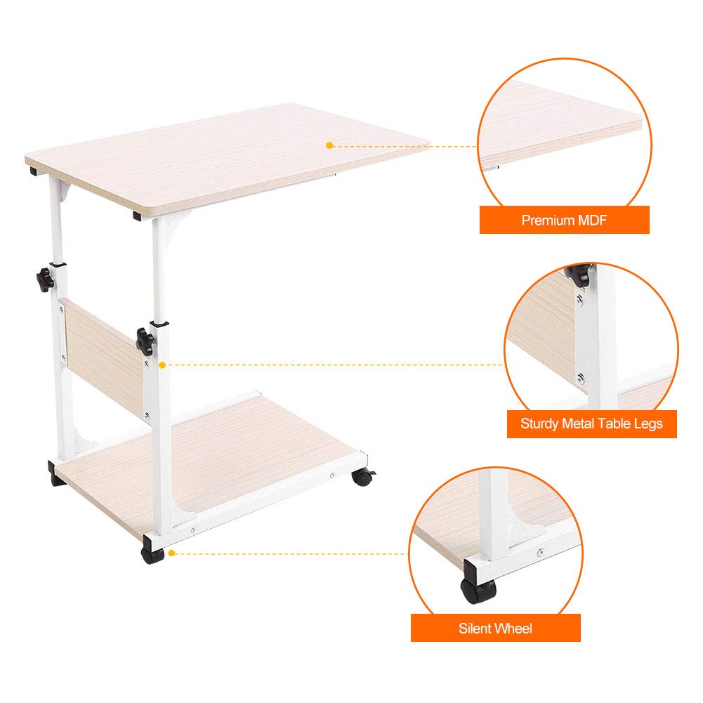 Ejoyous Tavolo Porta Laptop su Ruote, tavolino mobile per divano con divisorio di stoccaggio Comodino da caffè regolabile in altezza per soggiorno Camera da letto Ufficio ospedale(Acero bianco)