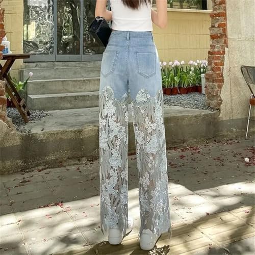 Women's Lace Embroidery Hollow Out Jeans Summer Slim-Fit Straight Denim Long Pants4