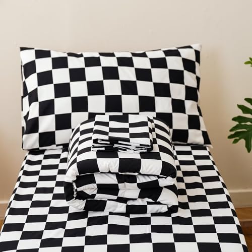 Image of CLOTHKNOW 4Pieces Black White Plaid Toddler Bedding Sets for Boys Girls | Kids Comforter, Soft Crib Bed Set Including Comforter, Flat Sheet, Fitted Sheet and Pillowcase