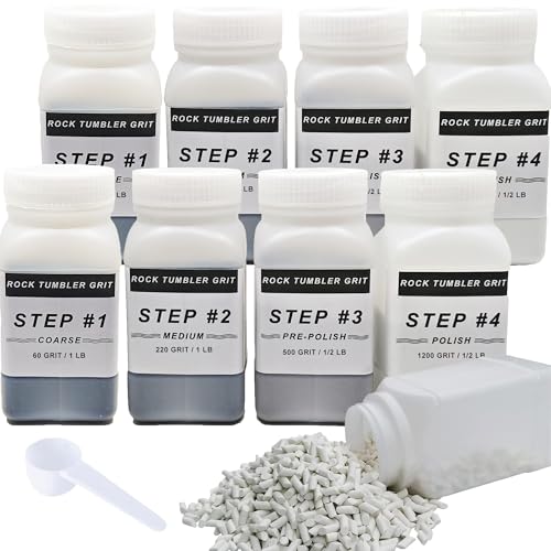 8 LB Rock Tumbler Grit and Polish Kit and Ceramic Tumbling Filler Media, Coarse/Medium/Pre-Polished/Final Polish, Silicon Carbide Grit, Ideal for Any Rock Tumbler & Stone Polisher