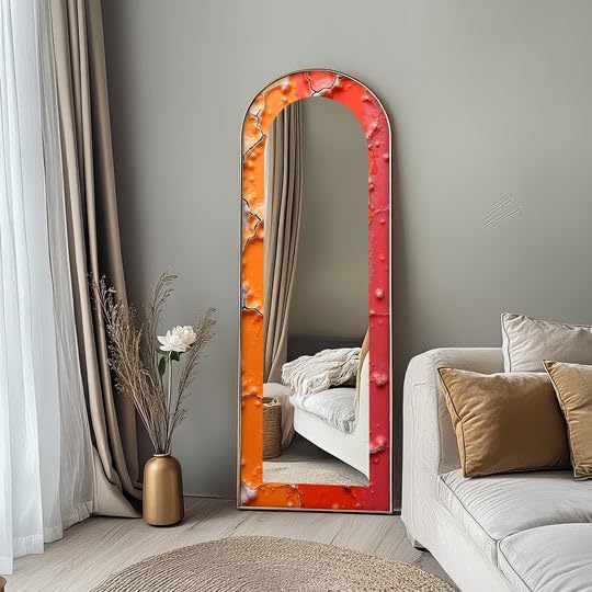 23,5’’W x 67’’H Cracked Lava Red & Orange – Stained Floor Mirror Arched Full Lenght Mirror - Arch Full Body Stained Floor Mirror with Black Frame with Black Frame