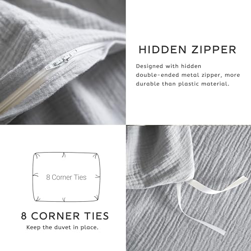 SE SOFTEXLY Muslin Duvet Cover King Size, 100% Washed Cotton Duvet Cover Set, Ultra Soft Comforter Cover Linen Like, 3 Pieces Minimalist Gauze Duvet Cover with 2 Pillowcases, 90"x104", Light Grey