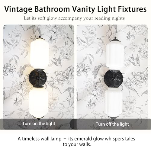 Image of Vintage Milk Glass Bathroom Vanity Light - 2-Light Wall Sconce with Brass Finish Base & Green Glass Shade - Wall Sconce Lighting for Mirror, Kitchen, Living Room, Gallery (Bulbs Included) (white)