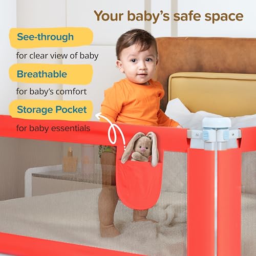 Image of LuvLap Alloy Steel Bed Rail Guard for Baby /Kids Safety, 180cm x 72 cm(6ft x 2.3ft), Portable & Foldable, Baby Safety Essential, Adjustable Height, fits All Bed Sizes (Red - Without Print)