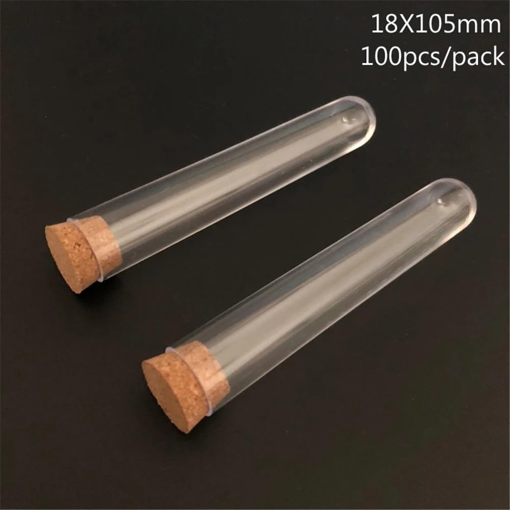 Cristalería de Laboratorio Tubos de ensayo de plástico con tapón de corcho y fondo en forma de U, 18 x 105 mm, 100 unidades por paquete.