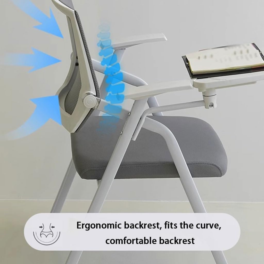 Sedia Pieghevole da Ufficio con Scrittorio, Sedia da Conferenza con Bracciolo e Portabicchieri, Sedia da Allenamento Portatile per Scuola e Casa, Grigio Arancione