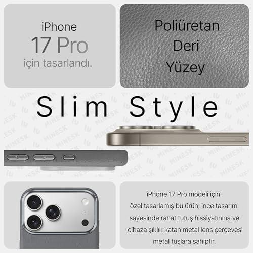 Minesk iPhone 17 Pro için MagSafe ile Uyumlu Çizilmeyen ve Parmak İzi Tutmayan Deri Görünümlü Metal Tuşlu ve Metal Lens Çerçeveli Hybrid Silikon Kılıf (Gri, 17 Pro) - Görsel 3