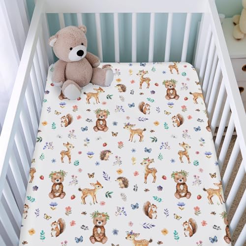 Image of Cute Animals Fitted Baby Crib Sheet for Boy Girl 52 inchx28 inch Bear Squirrel Deer Hedgehog Floral Leaves Soft Breathable Baby Nursery Bed Sheet Fits Standard Crib and Toddler Bed Mattresses
