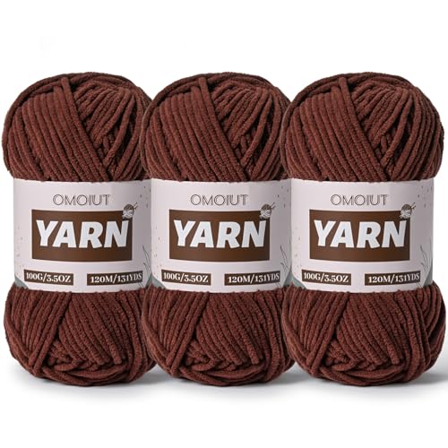Image of 3 Packs Plush Chenille Chunky Crochet Yarn - Baby Yarn for Crocheting Soft - Velvet Yarns Knitting for Blankets Crafts - Fluffy Amigurumi Yarns 300g / 393yd (3 Dark Coffee)