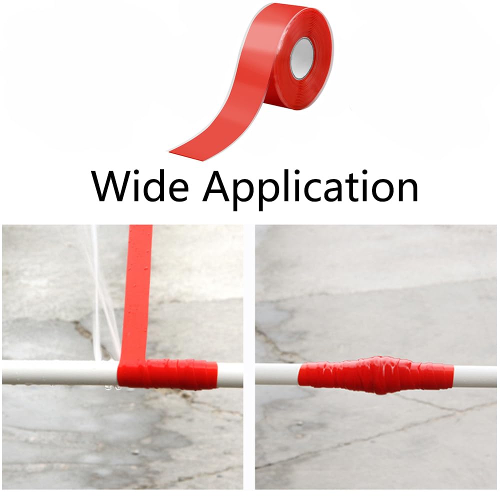 10 rollos de cinta de sellado de reparación, 25 mm x 300 mm, de silicona, impermeable, autofusible, cinta de fontanería para tuberías de emergencia, fugas de manguera de agua (rojo)