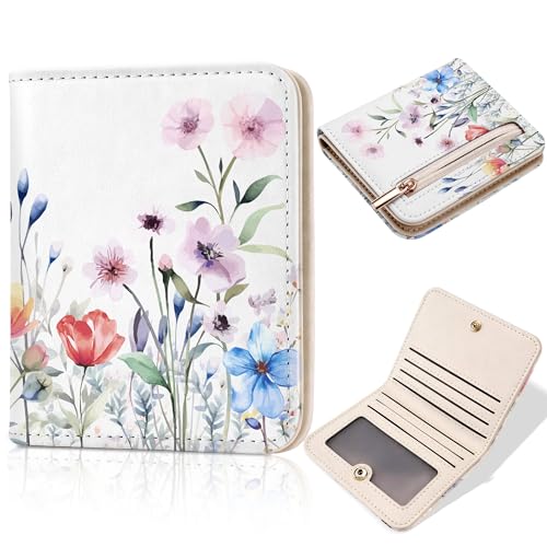 Image of Toughergun Wildflower Charm Floral RFID Small Wallet Women, Slim Thin Vegan Leather Bifold Wallet with Zipper Coin Pocket & ID Window, Cute Mini Credit Card Holder Gift for Women Ladies Teen Girls