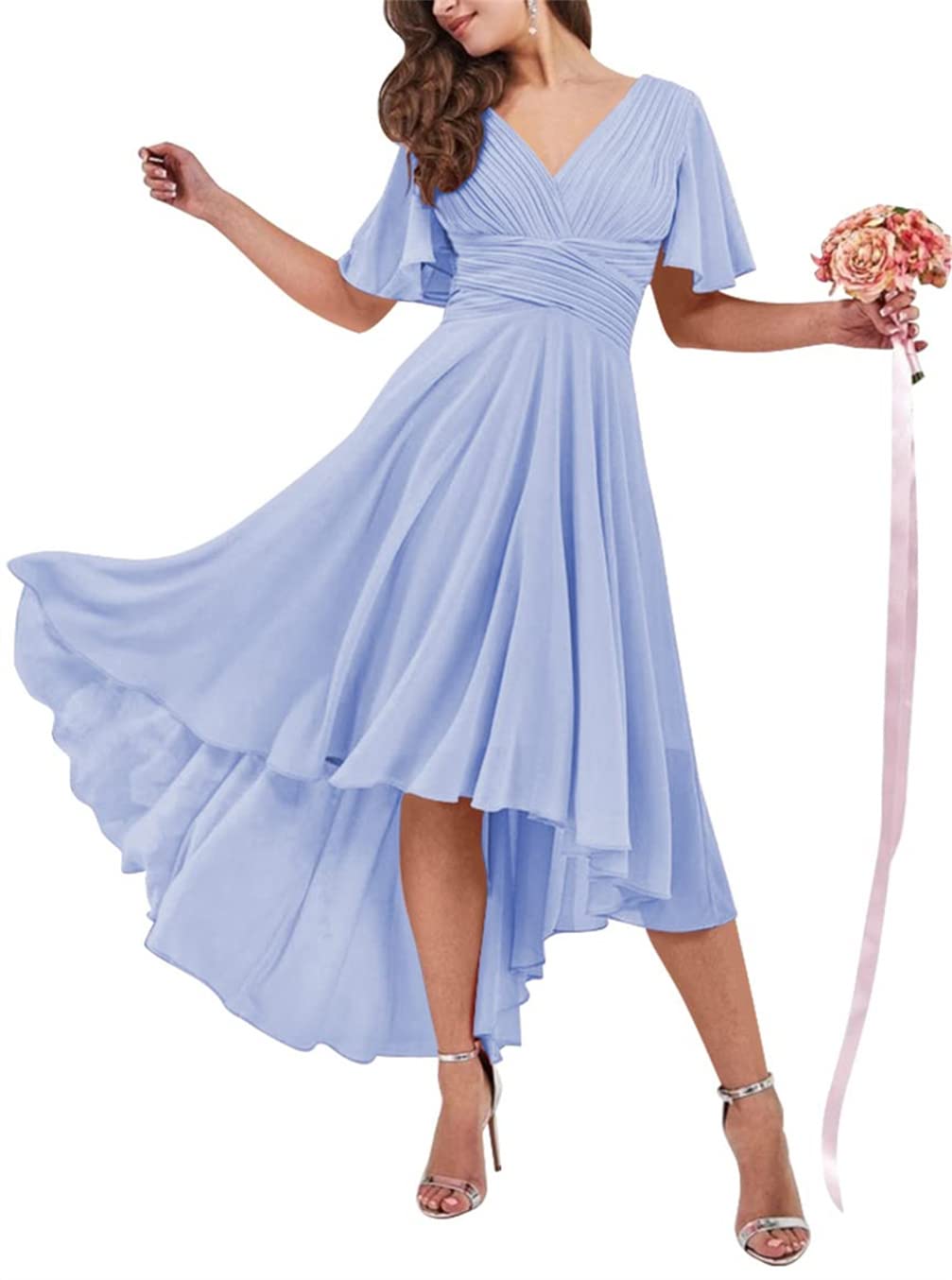 Hppee Women's Lavender Wedding Bridesmaid Dress For Double V Neck Flutter Sleeves Formal Evening Party Gown High Low With Pockets Uk8