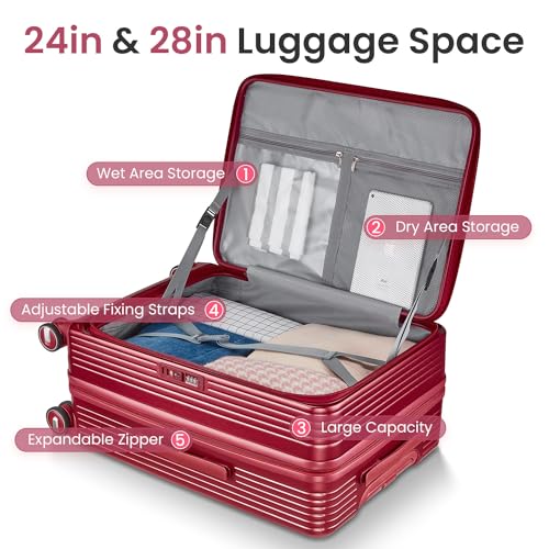 A 3-piece set of lightweight luggage with TSA locks and expandable carry-on luggage, equipped with a front pocket and multi-directional wheels. (WINE RED + PC)3