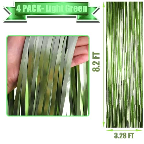 Image of 4 Pack Light Green Foil Fringe Curtain Backdrop, 3.28Ft x 8.2Ft Metallic Tinsel Foil Fringe Streamer Curtains for Photo Booth Props, Birthday, Wedding, Christmas Decorations Party Supplies New