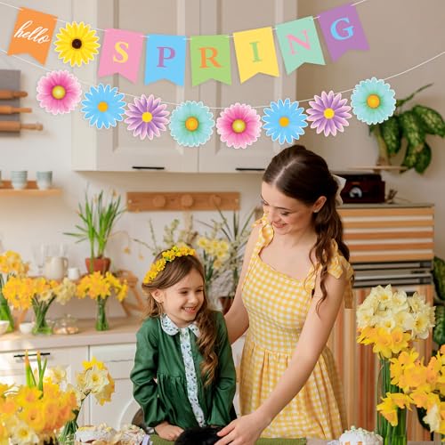 Image of Hooqict Hello Spring Banner Colorful Sun Flower Spring Party Banner Wildflower Garland Sign for Springtime Easter Birthday Party Decorations lndoor Outdoor Home Classroom Decorations