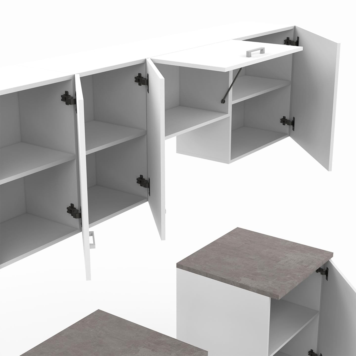 IDMarket - Cocina completa 240 cm sutil con encimera 7 elementos blanco y bandejas efecto hormigón