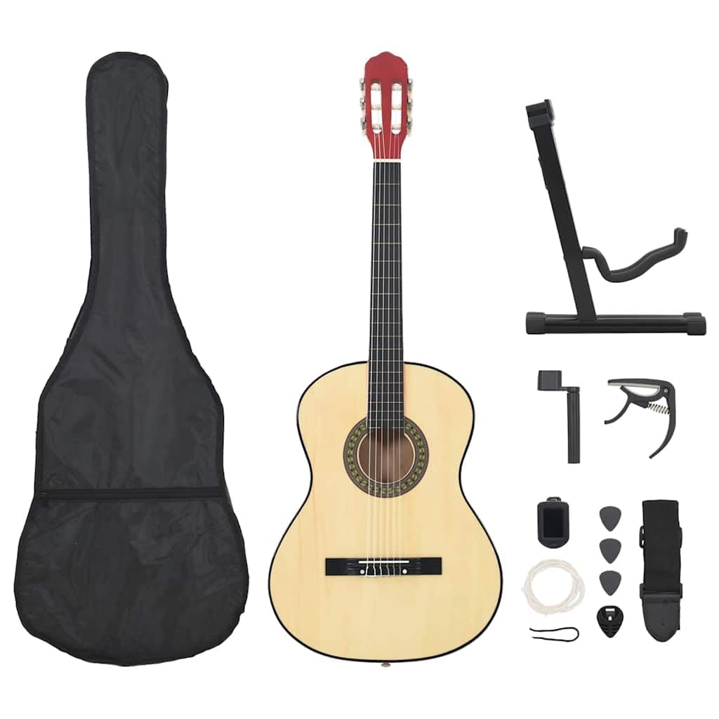 12-teiliges klassische Gitarrenset für Anfänger 4/4 39 Zoll Konzertgitarre Natur Lindenholz mit Stimmgerät Kapodaster Saitenkurbel und Zubehör für Übung und Bühne