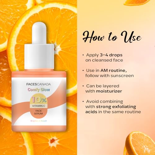Image of FACES CANADA Comfy Glow 10% Vitamin C Face Serum - 15ml | Brightens Complexion | Dark Spot Reduction | Lightweight | Prevents Premature Aging | Hydrating & Healthier Looking Skin
