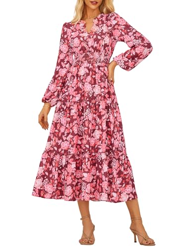 Damen Kleid Langarm Hochzeitsgast Maxikleid Festlich Elegant A-Linie Blumenkleid Winter Rosa-Weiße Blumen XXL