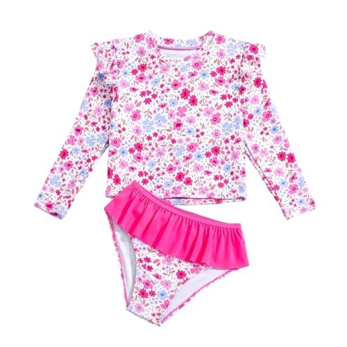 Image of Toddler Swimsuit Girl 3 Piece Rash Guard Bathing Suit Cute Little Girls Long Sleeve Quick Dry Swimwear 1-6 Years