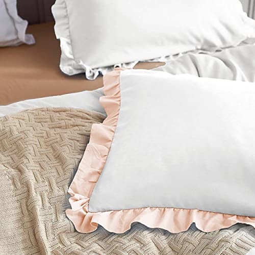 Image of YRM Bedding's Ruffle Beautiful Pillow Cover | Super Soft Elegant Premium Microfiber Frill Pillow Cover Set of 2 (17 inchx27 inch Inches) (White /Peach)