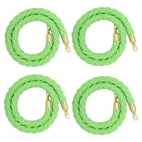 BBHW Green Velvet Rope Braided, 4 PCS Crowd Control Barrier Ropes, Movie Theater/Grand Opening/Hotel Stanchion Ropes, 3ft 4ft 5ft 6ft Twisted Rope (Color : Light Green-Gold Hook, Size : 2m/6.6ft)