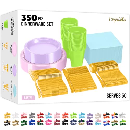 Image of Party Solids 350 Pieces Easter Plates For Party, Easter Disposable Plates Set, 50 Of Each 9 inch Dinner Plate Set, 7 inch Dessert Plate, Cups, Napkins & Cutlery Plastic Dinnerware Set