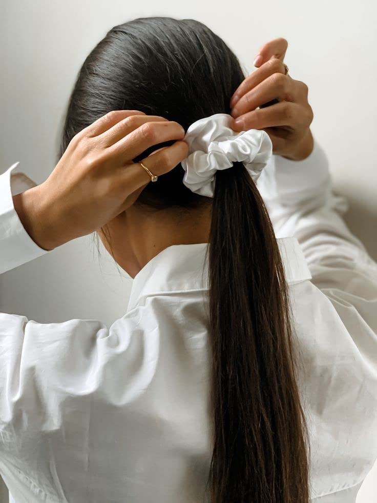Image of Atrube Silk Hair Scrunchies For Women Girls Combo Of 4, Elastic Silk Ponytail Holders For Thick Or Thin Hair, Satin Scrunchies Hair Accessories, Multicolor