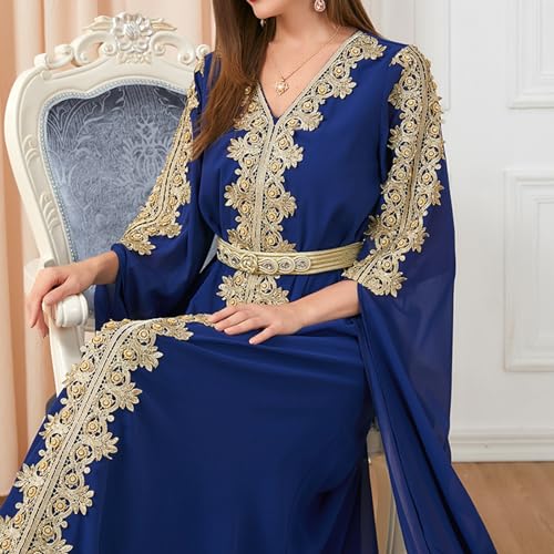 Image of IDOPIP Embroidery Abayas for Women Muslim Moroccan Floral Maxi Kaftan Dress Arabic Islamic Dubai Robe Ramadan Prayer Clothes