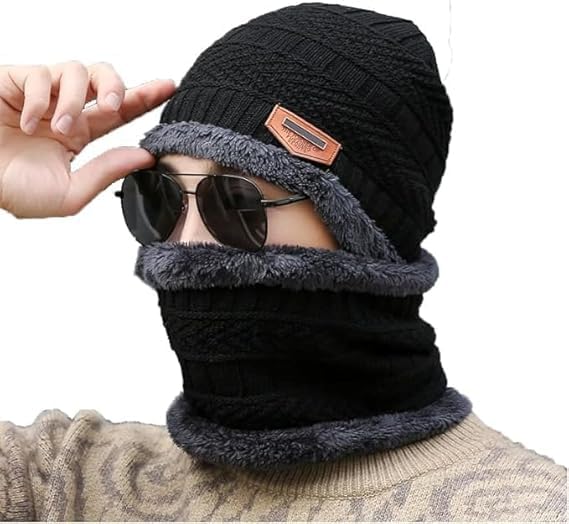 reenta Winter Cap with Neck Scarf | Thermal & Fleece-Lined Beanie with Neck Warmer for Men & Women | Thick, Fluffy, Woolen Cap for Cold Weather (Black)-picture-12