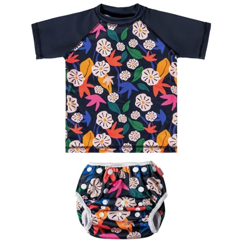 ALVABABY 2-Piece Baby Swimsuit,Infant Toddler Bathing Short Sleeve Swimwear, Large Baby Reusable Swim Diaper with Matching Top