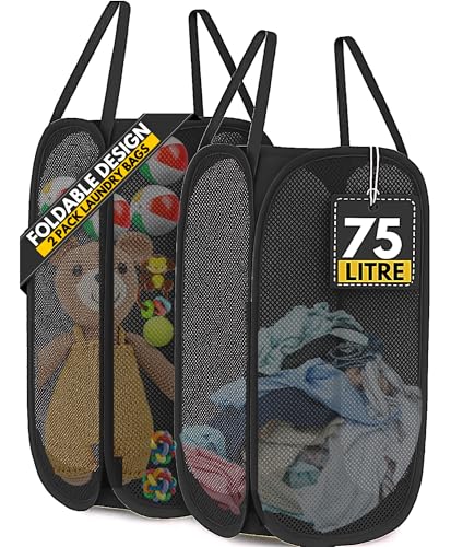 Image of F8WARES 2PK 75 Litres Nylon Mesh Foldable Laundry Basket for Clothes - Odourless Breathable Laundry Bag for Clothes with Carry Handles - Kids Toy Baskets For Storage & Dirty Cloth Basket Hamper Black